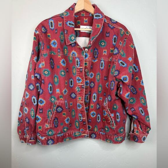 Vintage The 1 East Custom Collection Aztec Tribal Print Denim Jacket - Picture 2 of 6